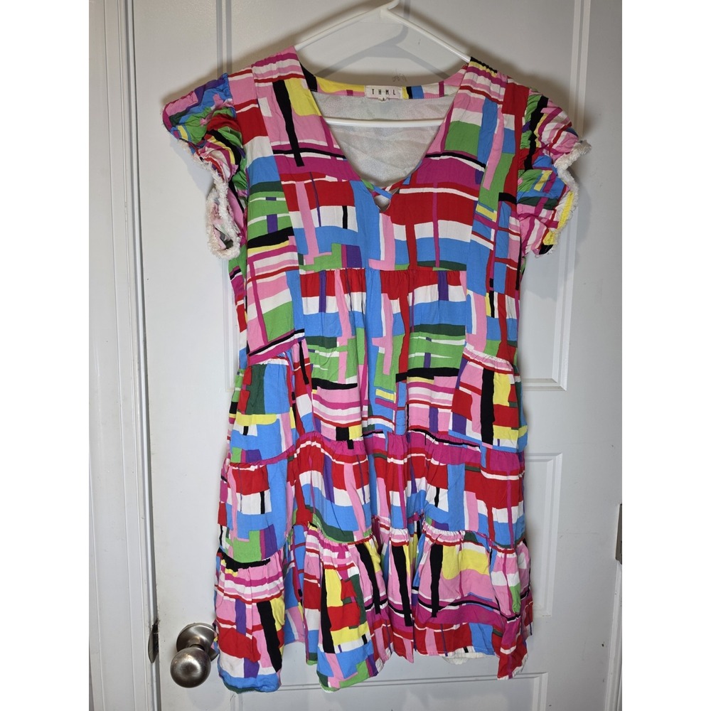 THML Multicolor Ruffle Puff Sleeve Midi Smock Dress Womens Size S